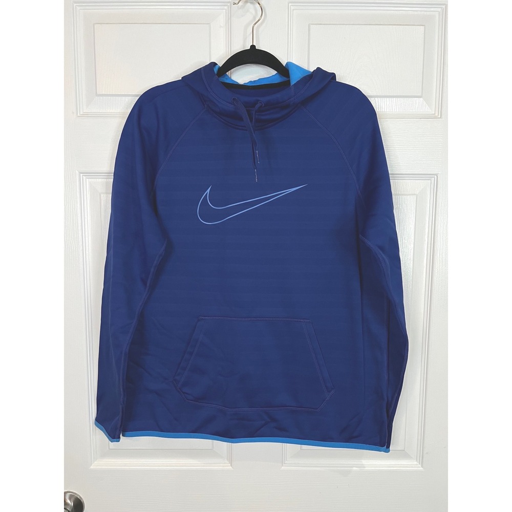 Nike Men's Therma Fleece Hoodie Pullover Blue Striped Light Blue Trim - Large